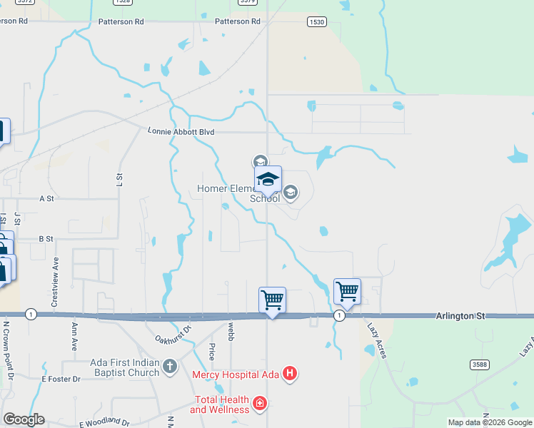 map of restaurants, bars, coffee shops, grocery stores, and more near 1400 North Monte Vista in Ada