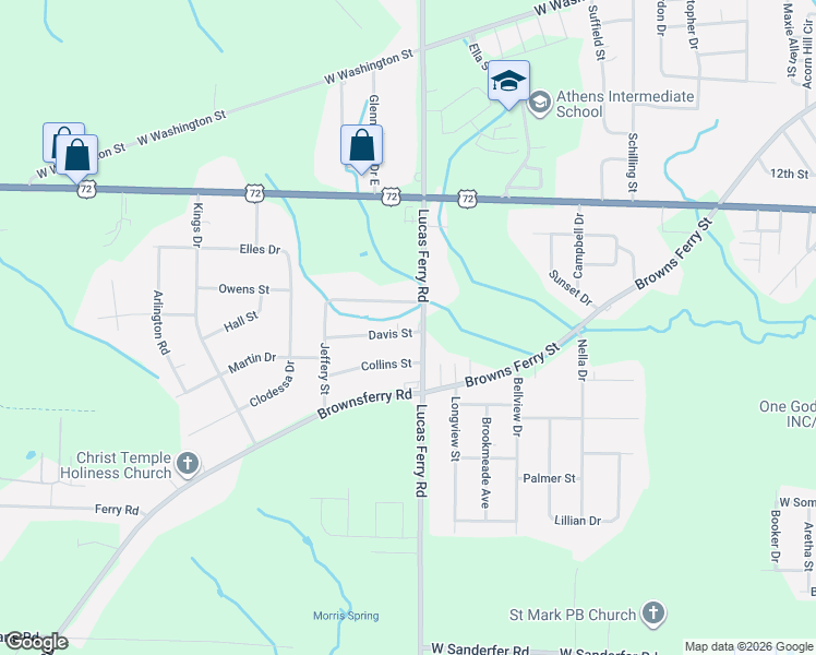 map of restaurants, bars, coffee shops, grocery stores, and more near 17984 Davis Street in Athens