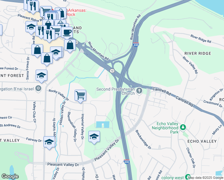 map of restaurants, bars, coffee shops, grocery stores, and more near 55 Rocky Valley Cove in Little Rock