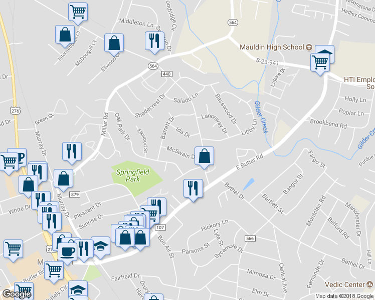 map of restaurants, bars, coffee shops, grocery stores, and more near 106 McSwain Drive in Mauldin