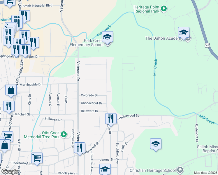 map of restaurants, bars, coffee shops, grocery stores, and more near 1107 Frazier Drive in Dalton