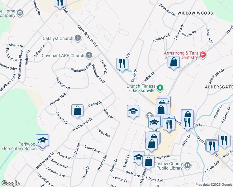 map of restaurants, bars, coffee shops, grocery stores, and more near 2489 Northwoods Drive in Jacksonville