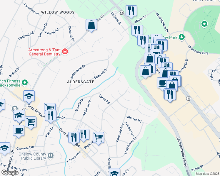 map of restaurants, bars, coffee shops, grocery stores, and more near 212 Audubon Drive in Jacksonville