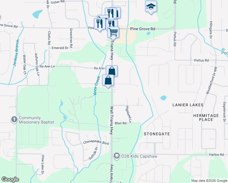 map of restaurants, bars, coffee shops, grocery stores, and more near 6959 Wall Triana Highway in Madison