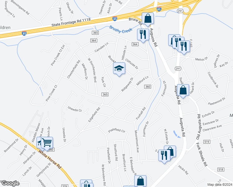 map of restaurants, bars, coffee shops, grocery stores, and more near 15 Ridgeway Drive in Greenville