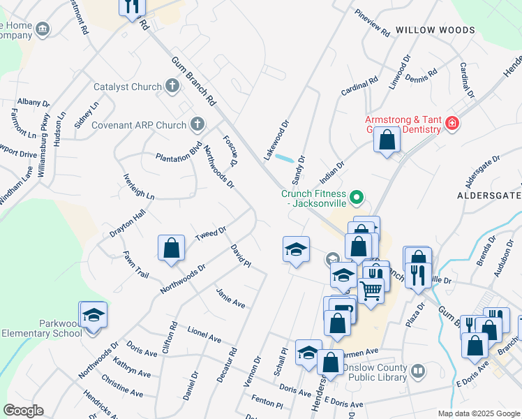 map of restaurants, bars, coffee shops, grocery stores, and more near 2489 Northwoods Drive in Jacksonville