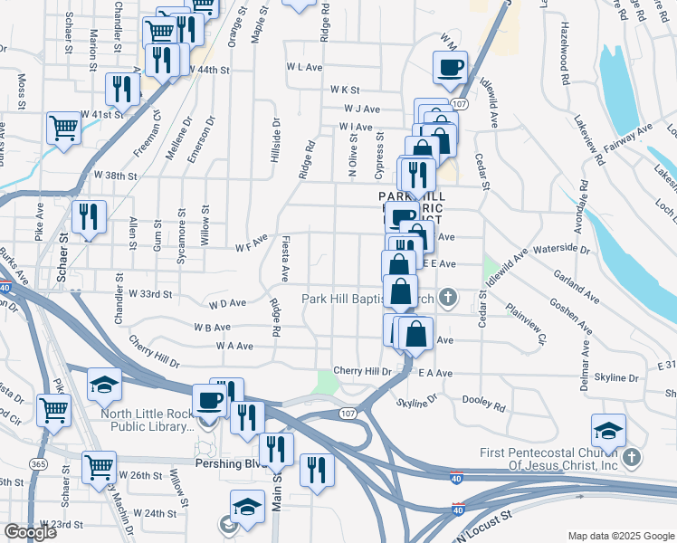 map of restaurants, bars, coffee shops, grocery stores, and more near 3409 North Olive Street in North Little Rock