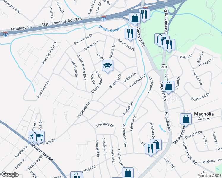 map of restaurants, bars, coffee shops, grocery stores, and more near 18 Ridgeway Drive in Greenville