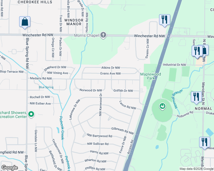 map of restaurants, bars, coffee shops, grocery stores, and more near 2128 Griffith Drive Northwest in Huntsville