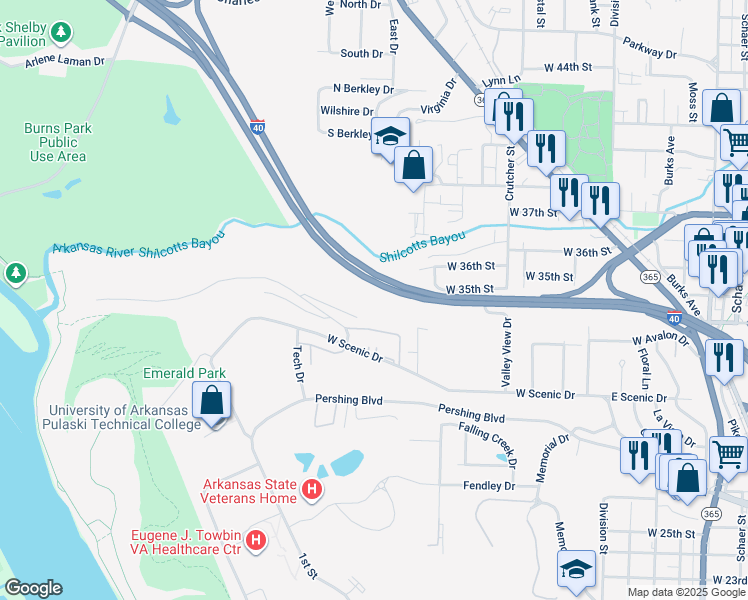 map of restaurants, bars, coffee shops, grocery stores, and more near Highway 65 in North Little Rock