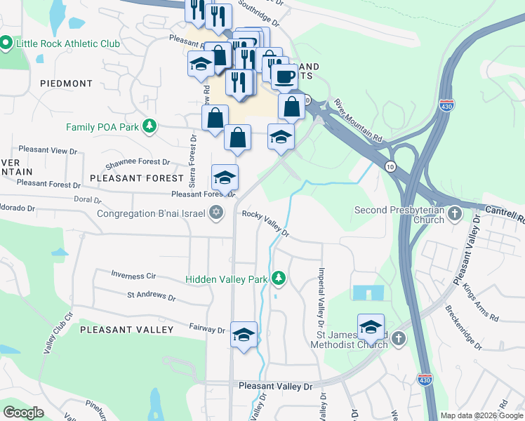map of restaurants, bars, coffee shops, grocery stores, and more near 11412 Rocky Valley Drive in Little Rock