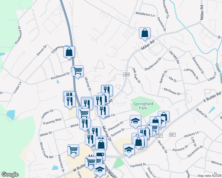 map of restaurants, bars, coffee shops, grocery stores, and more near 129 Miller Road in Mauldin