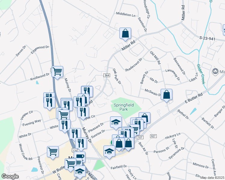 map of restaurants, bars, coffee shops, grocery stores, and more near 107 Rainbow Circle in Mauldin