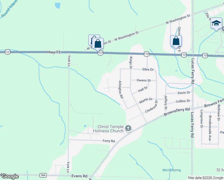 map of restaurants, bars, coffee shops, grocery stores, and more near 15575 Arlington Road in Athens