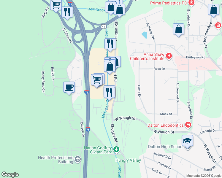 map of restaurants, bars, coffee shops, grocery stores, and more near 835 Shugart Road in Dalton