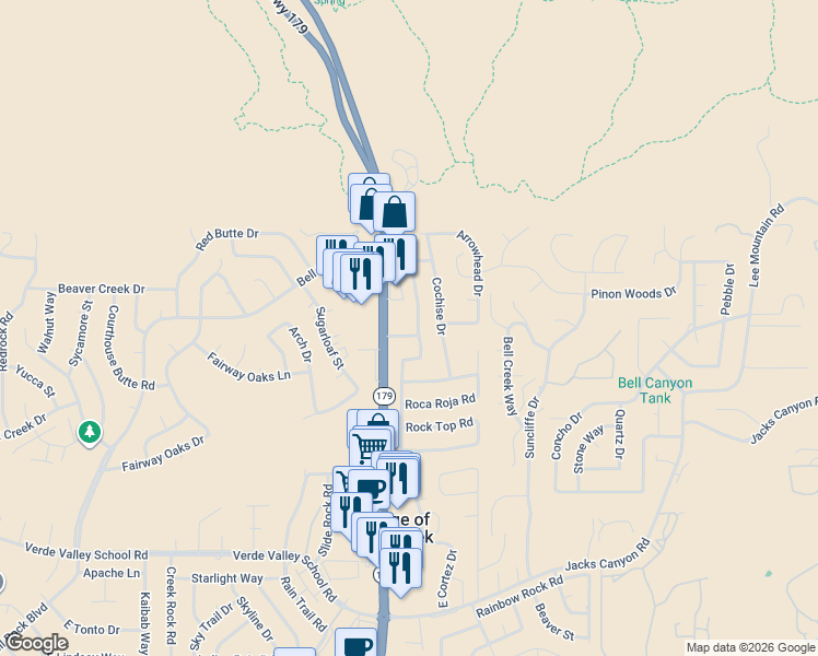 map of restaurants, bars, coffee shops, grocery stores, and more near 37 Navajo Road in Sedona