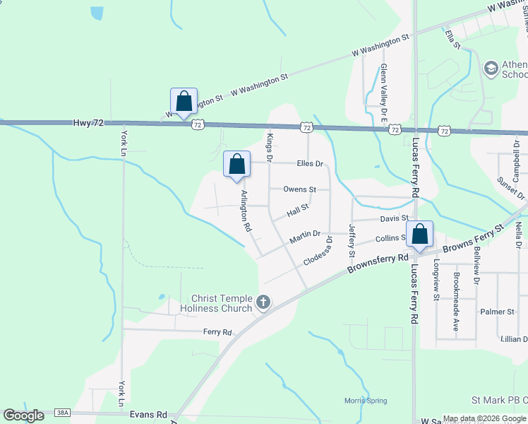 map of restaurants, bars, coffee shops, grocery stores, and more near 15539 Kings Drive in Athens