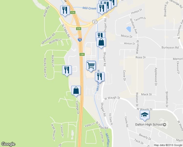 map of restaurants, bars, coffee shops, grocery stores, and more near 900 Shugart Road in Dalton