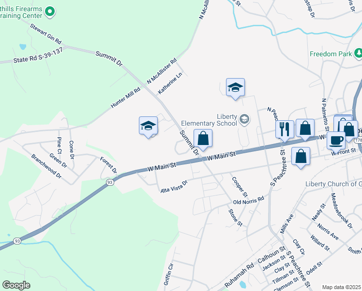 map of restaurants, bars, coffee shops, grocery stores, and more near 109 Forest View Circle in Liberty