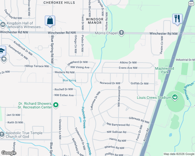 map of restaurants, bars, coffee shops, grocery stores, and more near 2238 Northwest Kamis Circle in Huntsville