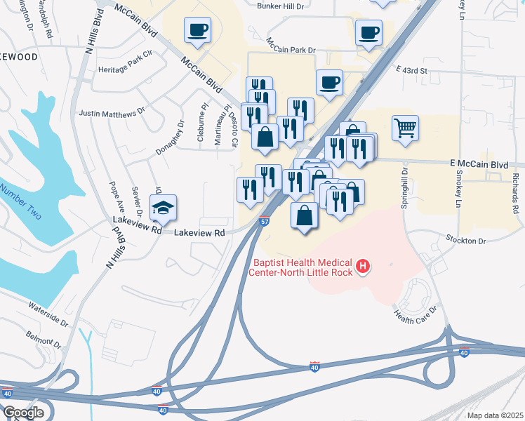 map of restaurants, bars, coffee shops, grocery stores, and more near Jacksonville Blvd in North Little Rock