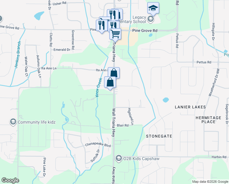 map of restaurants, bars, coffee shops, grocery stores, and more near 6963 Wall Triana Highway in Madison