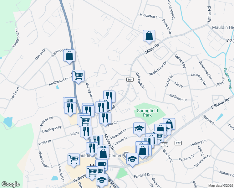 map of restaurants, bars, coffee shops, grocery stores, and more near 129 Miller Road in Mauldin