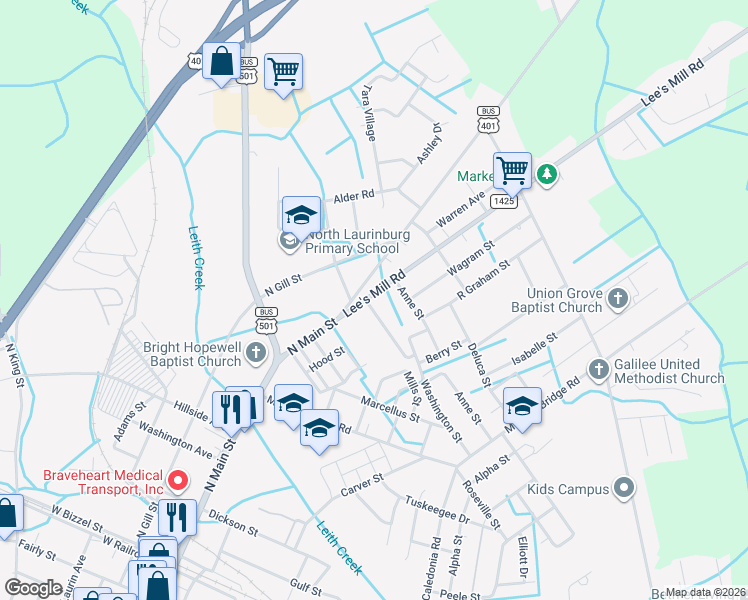 map of restaurants, bars, coffee shops, grocery stores, and more near 1106 Washington Street in Laurinburg