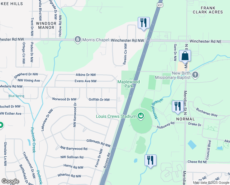 map of restaurants, bars, coffee shops, grocery stores, and more near 2021 Medaris Road Northwest in Huntsville