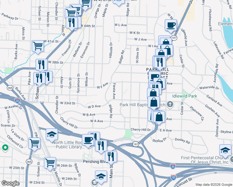 map of restaurants, bars, coffee shops, grocery stores, and more near 3407 Fiesta Avenue in North Little Rock