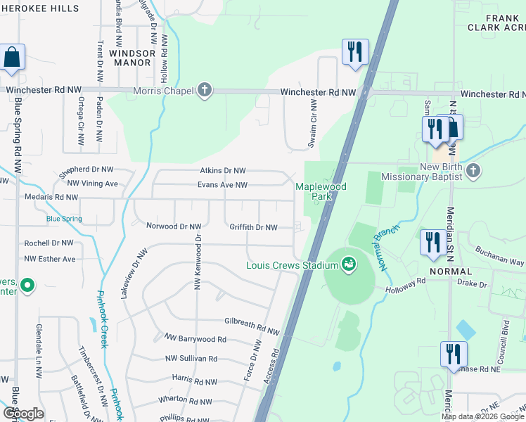 map of restaurants, bars, coffee shops, grocery stores, and more near 2113 Acorn Circle Northwest in Huntsville