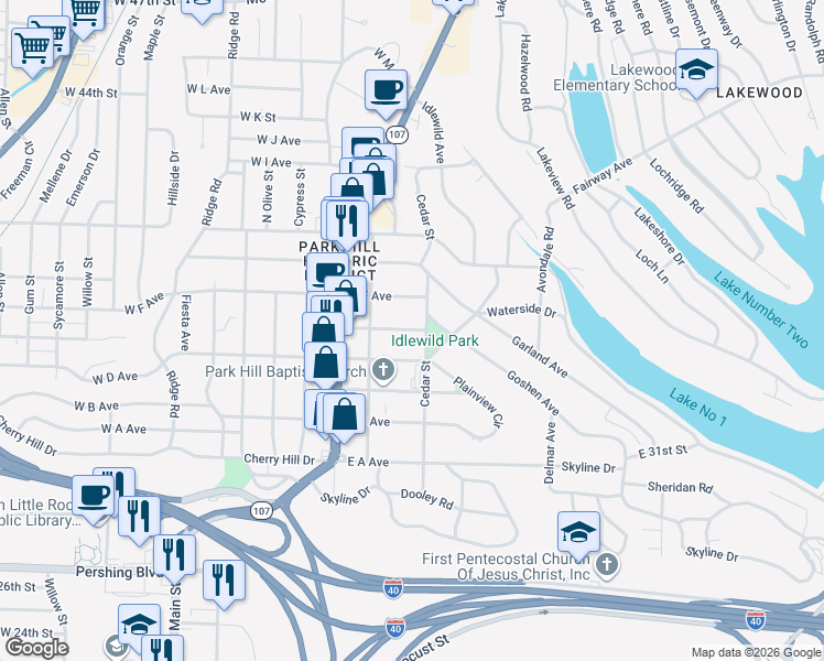 map of restaurants, bars, coffee shops, grocery stores, and more near 224 East E Avenue in North Little Rock