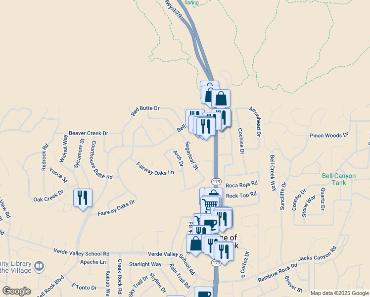 map of restaurants, bars, coffee shops, grocery stores, and more near 125 Sugarloaf Street in Sedona