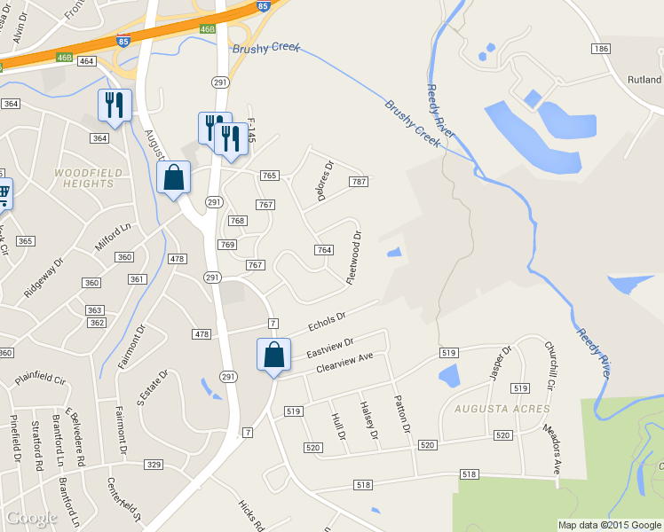 map of restaurants, bars, coffee shops, grocery stores, and more near 302 Coolbrook Drive in Greenville