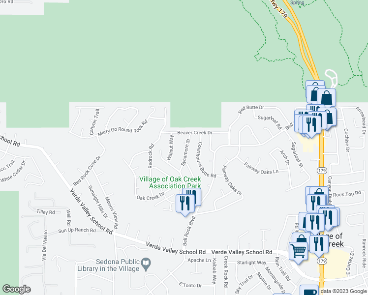 map of restaurants, bars, coffee shops, grocery stores, and more near 105 Sycamore Street in Sedona