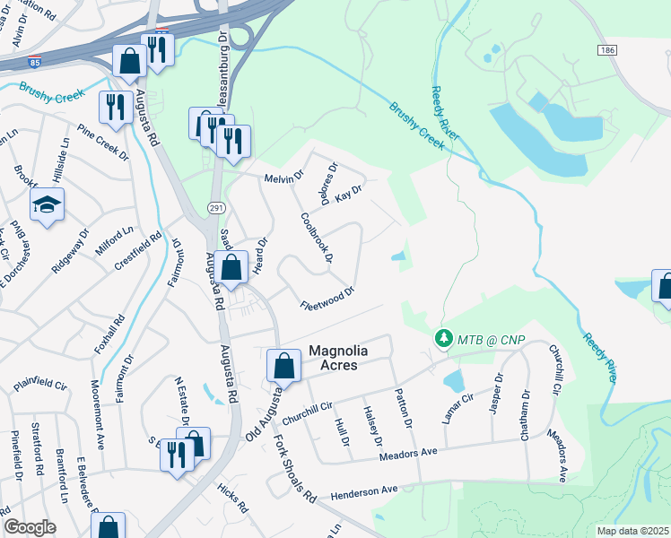 map of restaurants, bars, coffee shops, grocery stores, and more near 302 Coolbrook Drive in Greenville