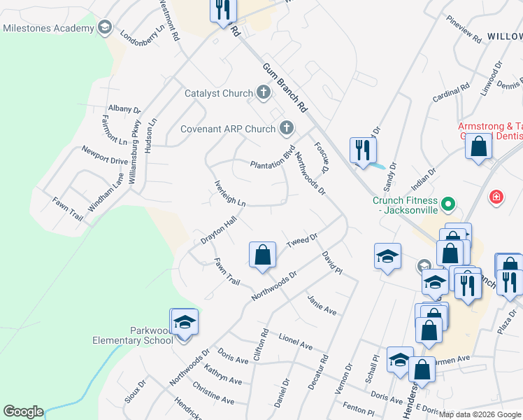 map of restaurants, bars, coffee shops, grocery stores, and more near 123 Iverleigh Lane in Jacksonville
