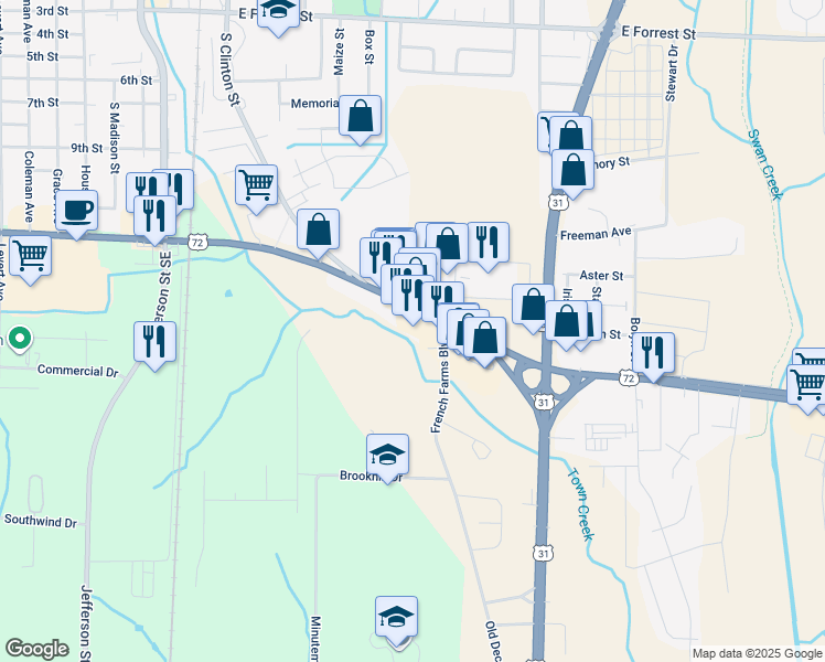 map of restaurants, bars, coffee shops, grocery stores, and more near 934 US Highway 72 East in Athens