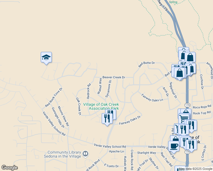 map of restaurants, bars, coffee shops, grocery stores, and more near 45 Sycamore Street in Sedona