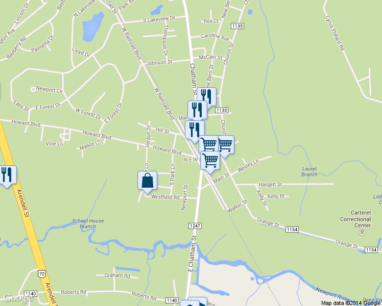 map of restaurants, bars, coffee shops, grocery stores, and more near 111 Howard Boulevard in Newport