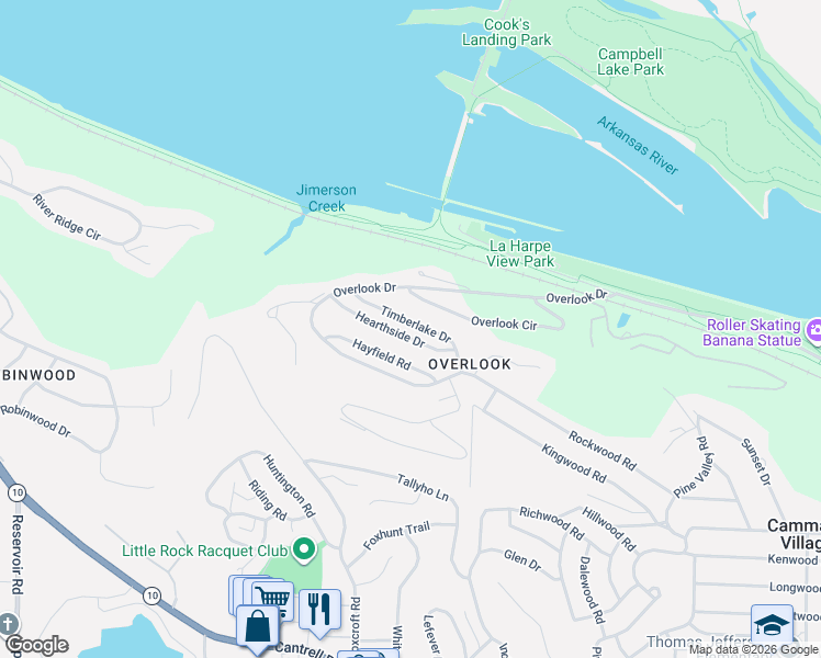 map of restaurants, bars, coffee shops, grocery stores, and more near 4 Hearthside Drive in Little Rock