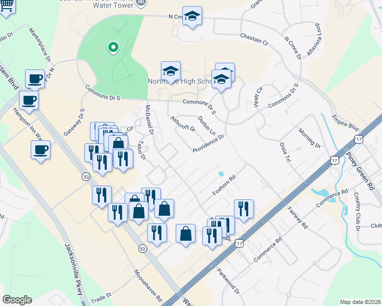map of restaurants, bars, coffee shops, grocery stores, and more near 317 Providence Drive in Jacksonville