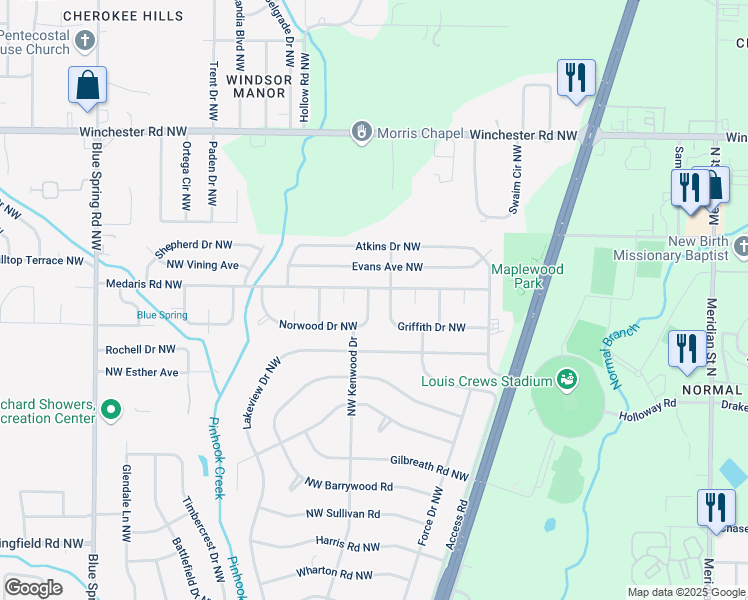 map of restaurants, bars, coffee shops, grocery stores, and more near 2203 Norwood Drive Northwest in Huntsville