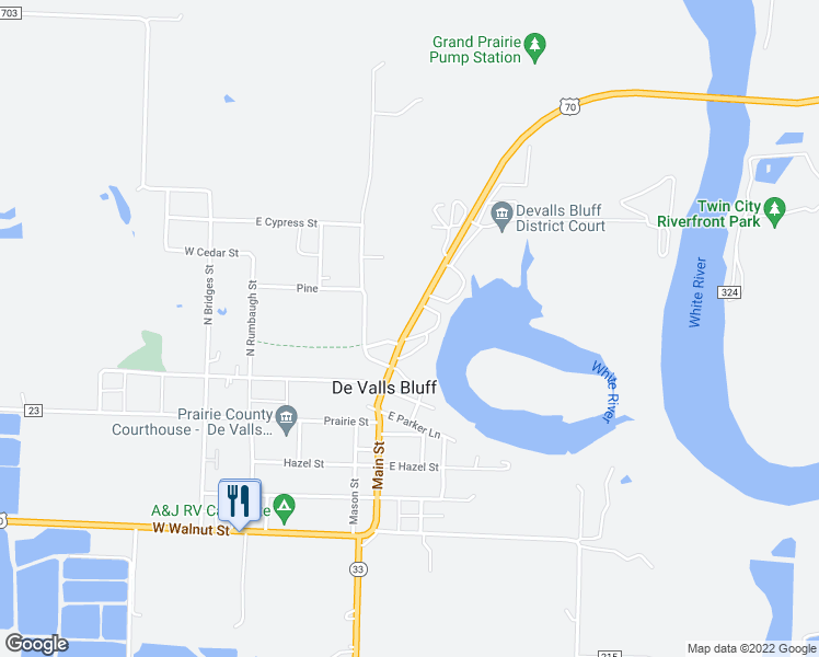 map of restaurants, bars, coffee shops, grocery stores, and more near 217 Main in De Valls Bluff