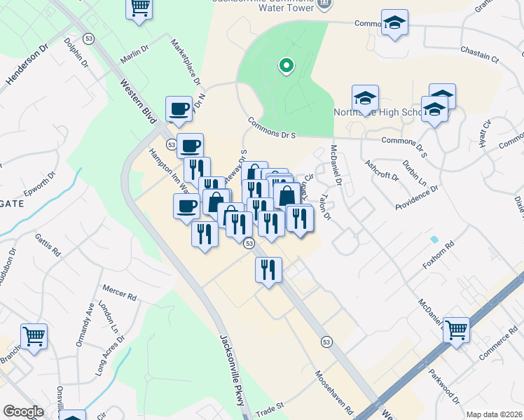map of restaurants, bars, coffee shops, grocery stores, and more near 1250 Western Boulevard in Jacksonville