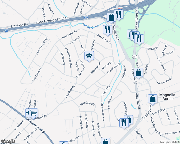 map of restaurants, bars, coffee shops, grocery stores, and more near 21 Ridgeway Drive in Greenville