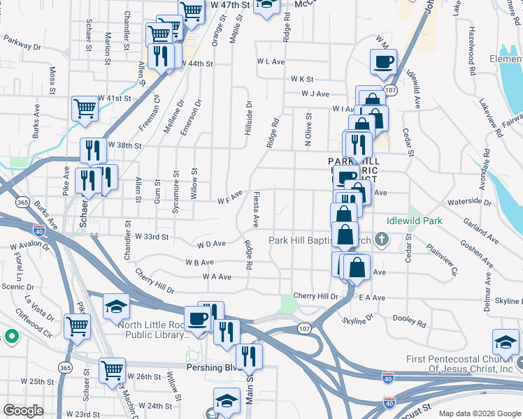 map of restaurants, bars, coffee shops, grocery stores, and more near 3407 Fiesta Avenue in North Little Rock