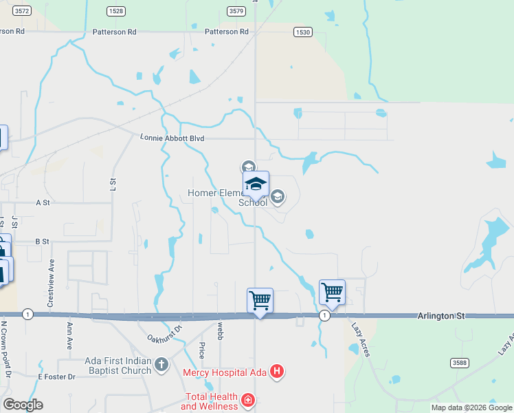 map of restaurants, bars, coffee shops, grocery stores, and more near 1400 North Monte Vista Street in Ada