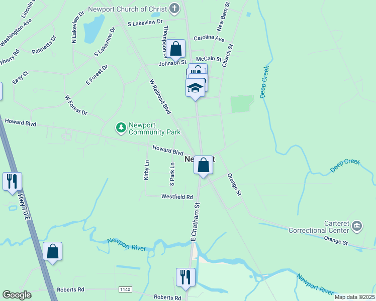 map of restaurants, bars, coffee shops, grocery stores, and more near 111 Howard Boulevard in Newport