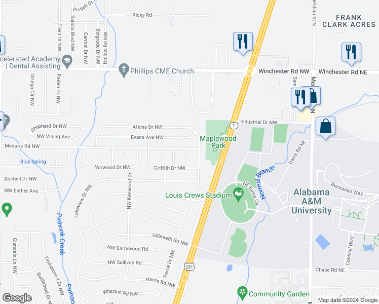 map of restaurants, bars, coffee shops, grocery stores, and more near 2105 Medaris Road Northwest in Huntsville